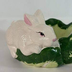 Loomco Rabbit Leaf Bowl 1994 Ceramic Bunny Cabbage Dish Green White Vintage‎